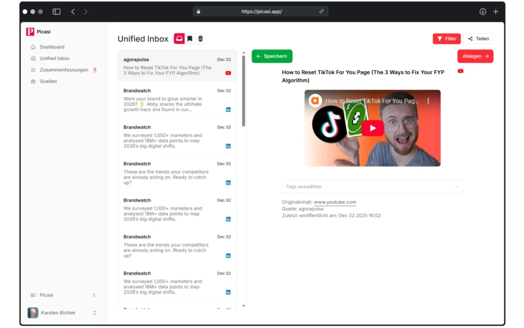 In der Unified Inbox von Picasi sehen Sie die aktuellsten Updates aus Ihrem Markt an einem zentralen Ort.