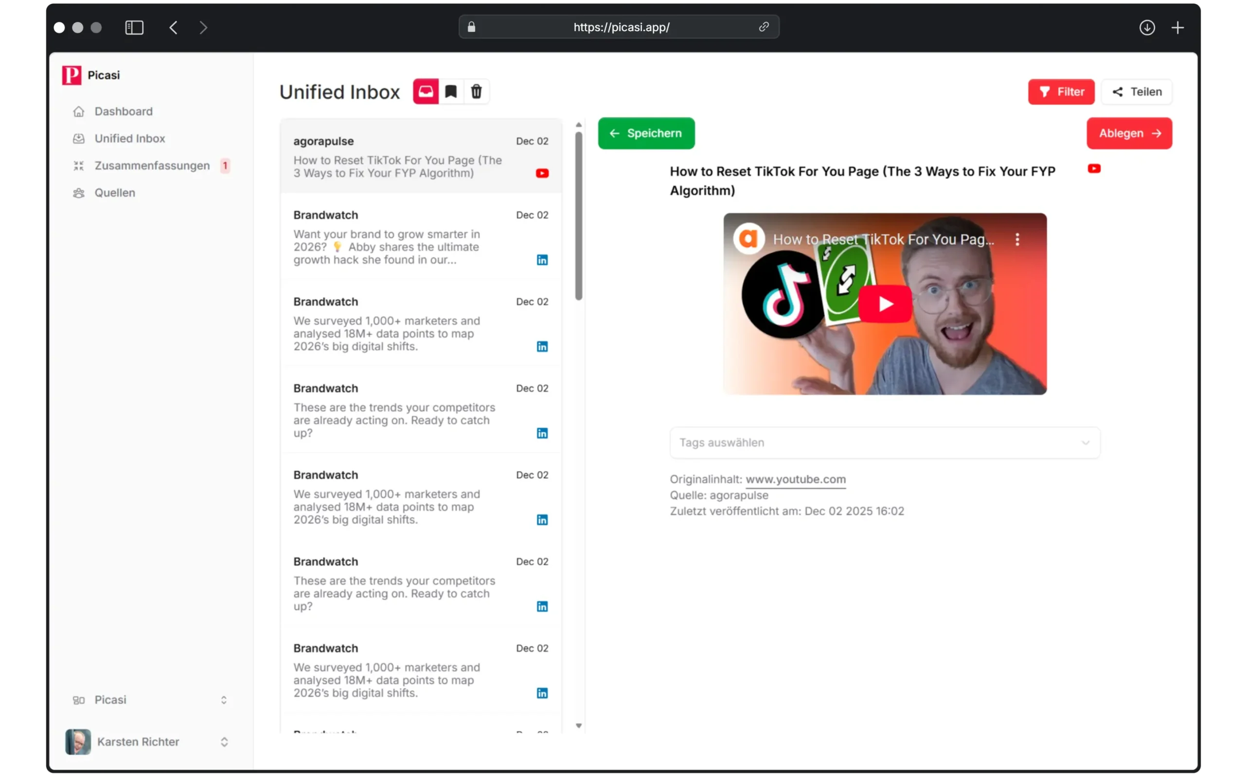 In der Unified Inbox von Picasi sehen Sie die aktuellsten Updates aus Ihrem Markt an einem zentralen Ort.