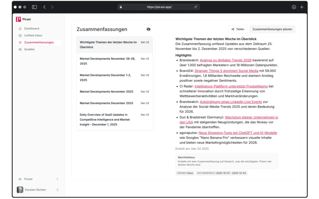 Damit Sie nicht jedes Update lesen müssen, stellt Ihnen Picasi eine Zusammenfassung bereit und verlinkt direkt zur Quelle.