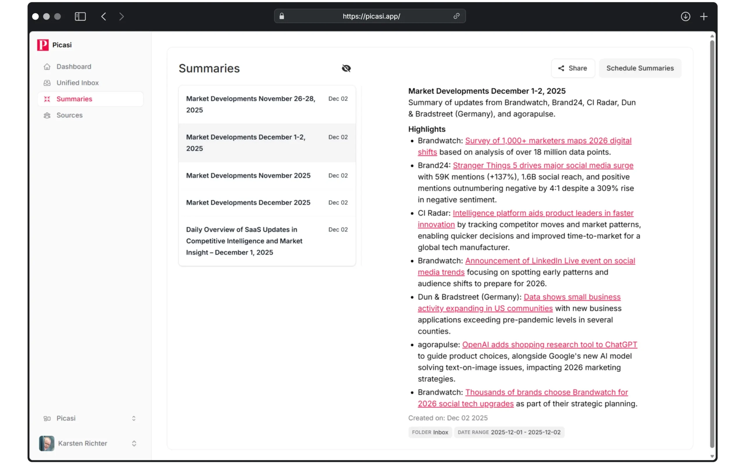 Damit Sie nicht jedes Update lesen müssen, stellt Ihnen Picasi eine Zusammenfassung bereit und verlinkt direkt zur Quelle.