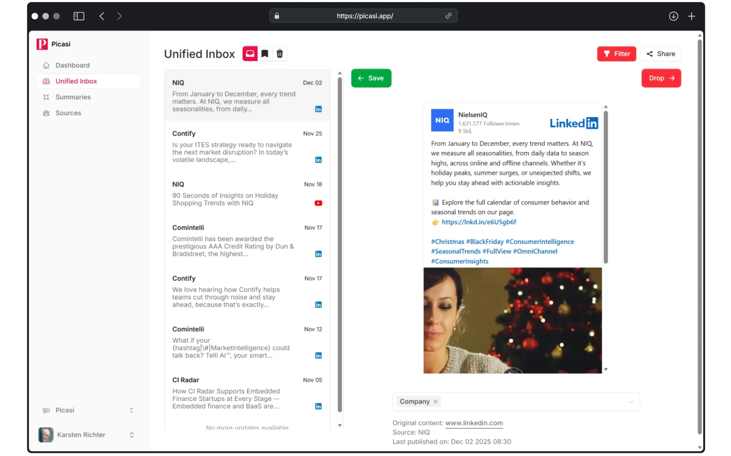In der Unified Inbox von Picasi sehen Sie die aktuellsten Updates aus Ihrem Markt an einem zentralen Ort.